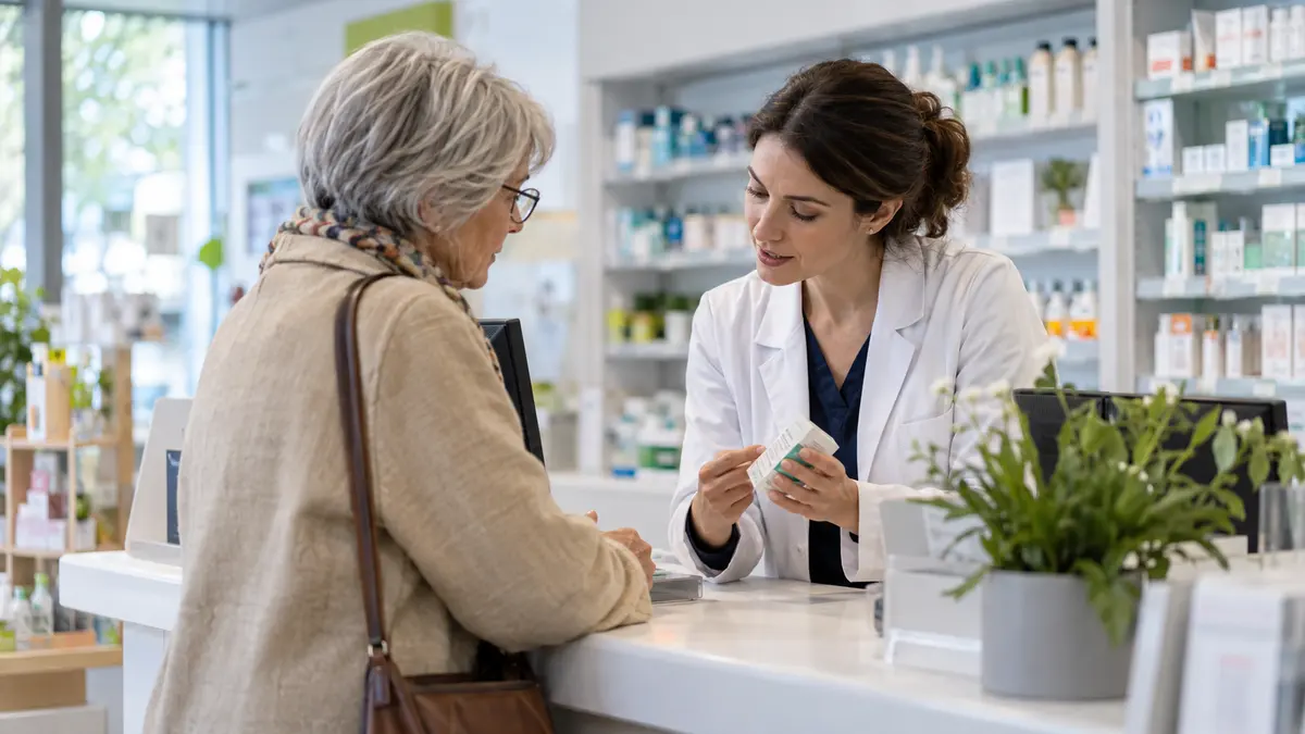 Una farmacéutica explica un medicamento a una clienta en el mostrador.