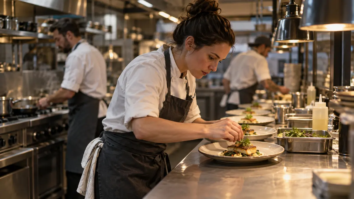 Una cocinera termina de emplatar en la cocina de un restaurante.